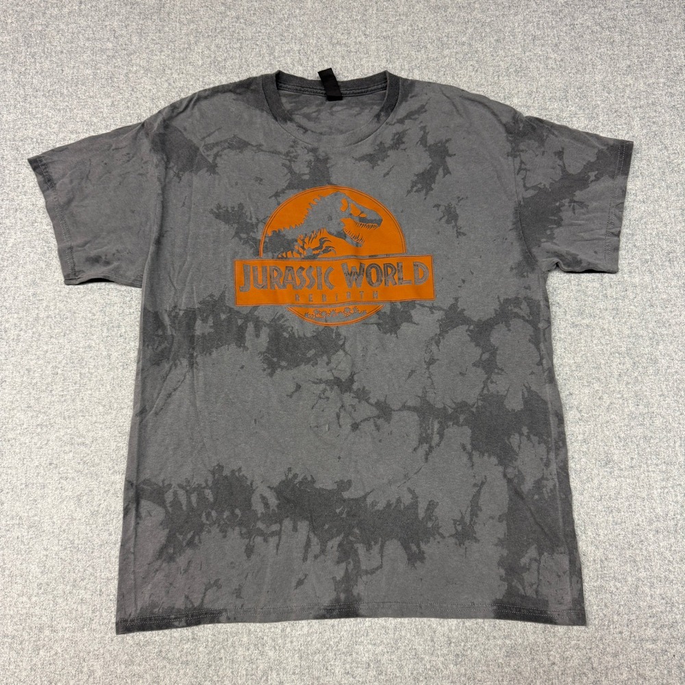 Gildan Jurassic World Rebirth T-Shirt Medium Grey Tie-Dye Orange Graphic Logo